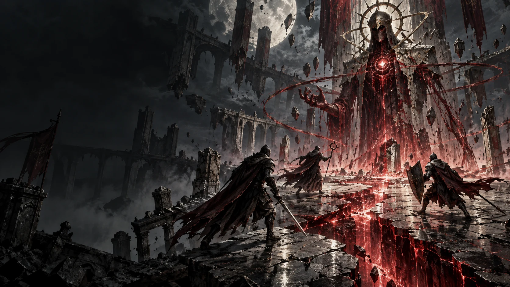 Original editorial illustration of three tacticians confronting a blood-corrupted figure in a ruined arena