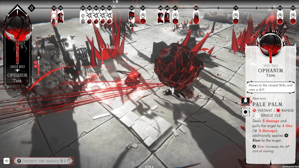 Official Ex Sanguis screenshot showing an enemy attack preview and a detailed timeline across the top