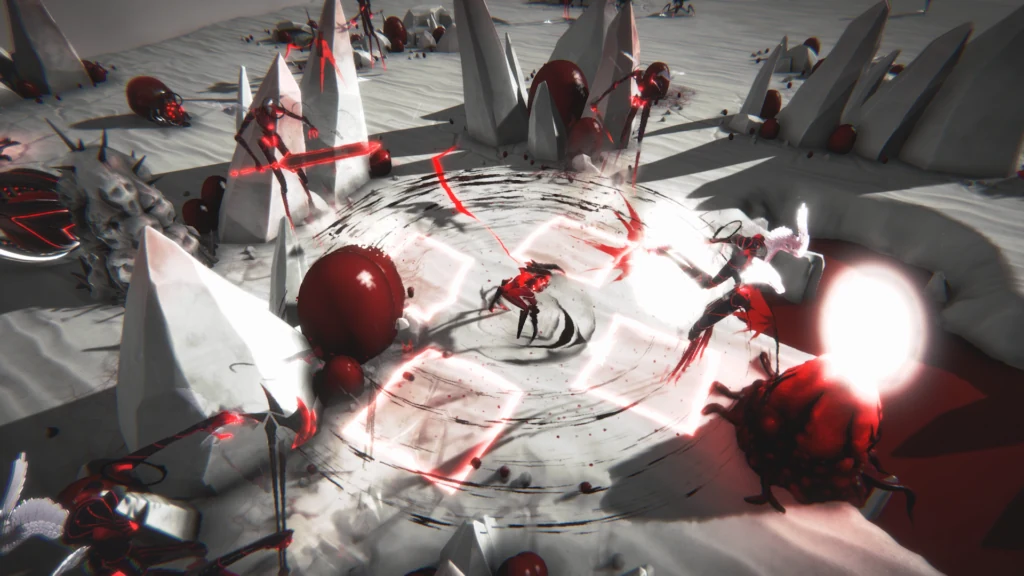 Official Ex Sanguis combat screenshot showing a circular push attack among hazards and multiple units