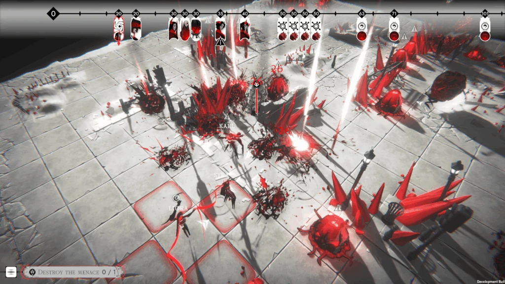 Official Ex Sanguis gameplay showing a multi-target blood attack and the battle timeline