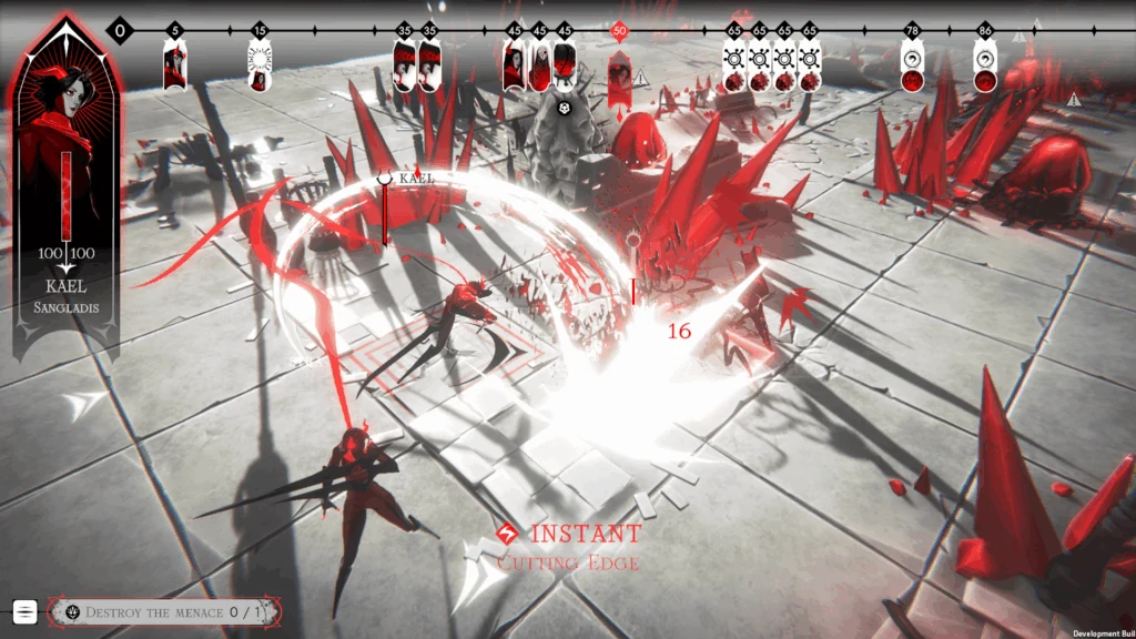 Official Ex Sanguis combat screenshot showing a melee strike, target area and the full action timeline