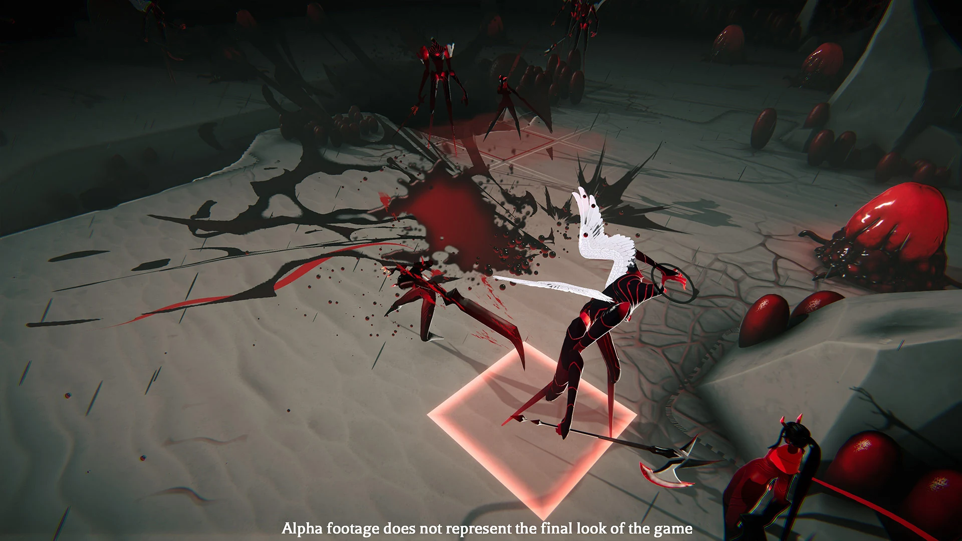 Official Ex Sanguis combat screenshot showing a Stilla attacking among several enemies in a monochrome red arena
